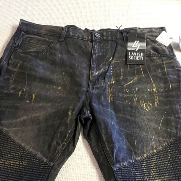 Lavish‎ Society Jet Black Gold Original Distressed Sz 40x32 Jeans w Pockets - Picture 3 of 9